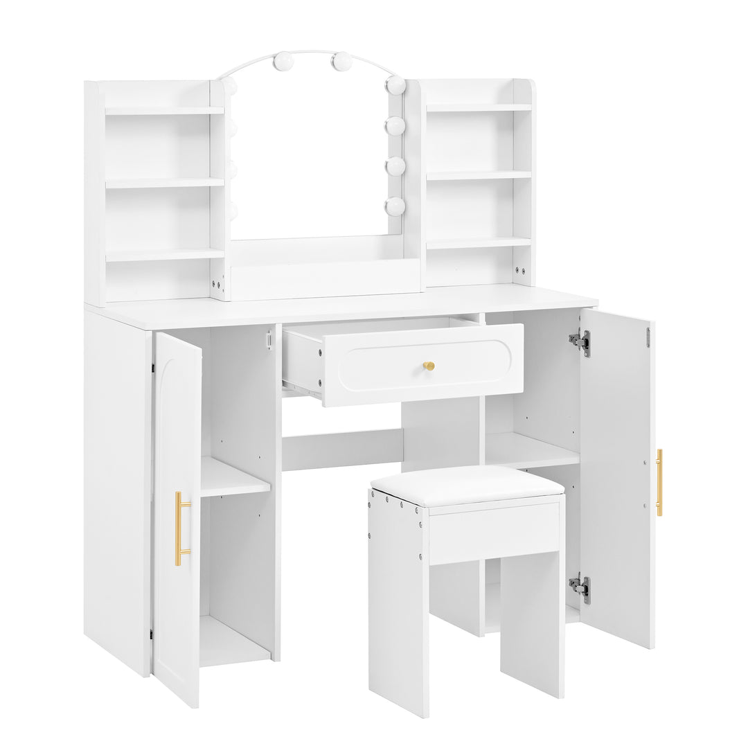 Modern white vanity makeup table with stool, LED mirror 110x40x132cm ELEGANT TABLE SET