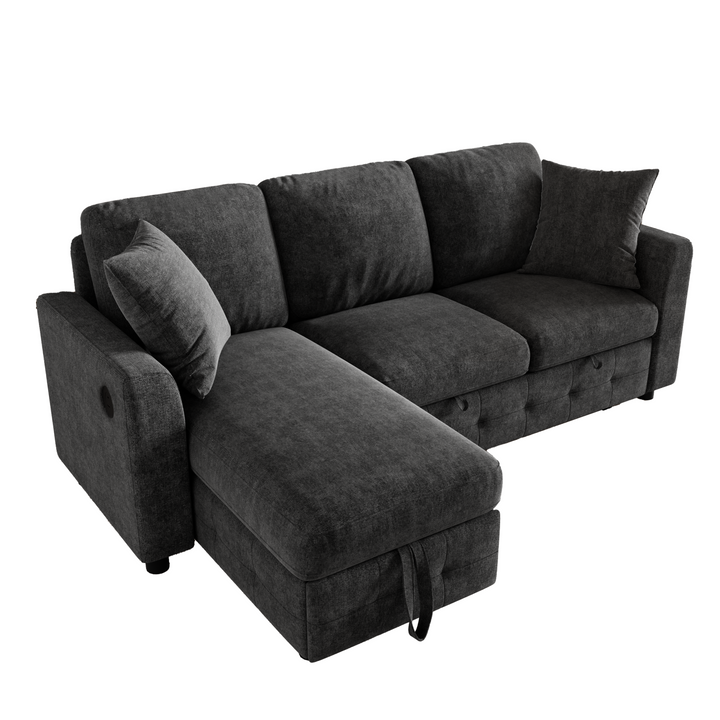 L-Shaped Corner 3-Seater Sofa Bed Grey Chenille with Storage Chaise and USB Charging 200cm ARROWCHEST