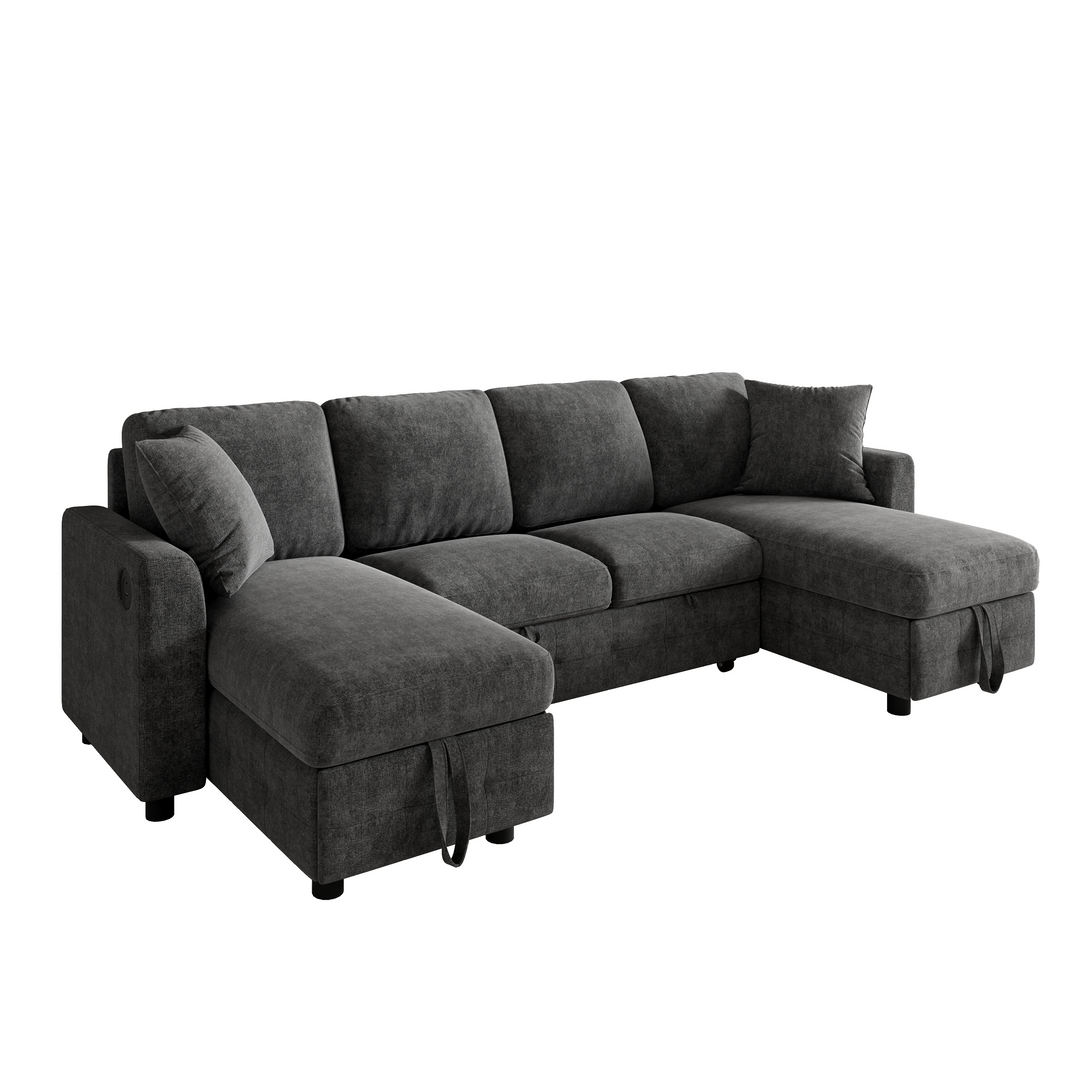 U-Shaped Sectional Sofa Grey Chenille with Pull-Out Bed &amp; 2 Storage Chaises 260cm ARROWCABINET