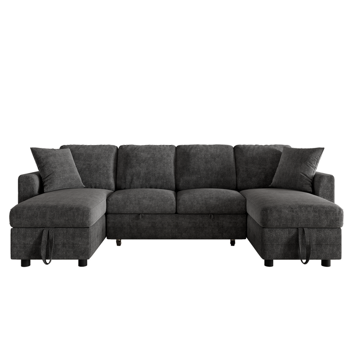 U-Shaped Sectional Sofa Grey Chenille with Pull-Out Bed &amp; 2 Storage Chaises 260cm ARROWCABINET