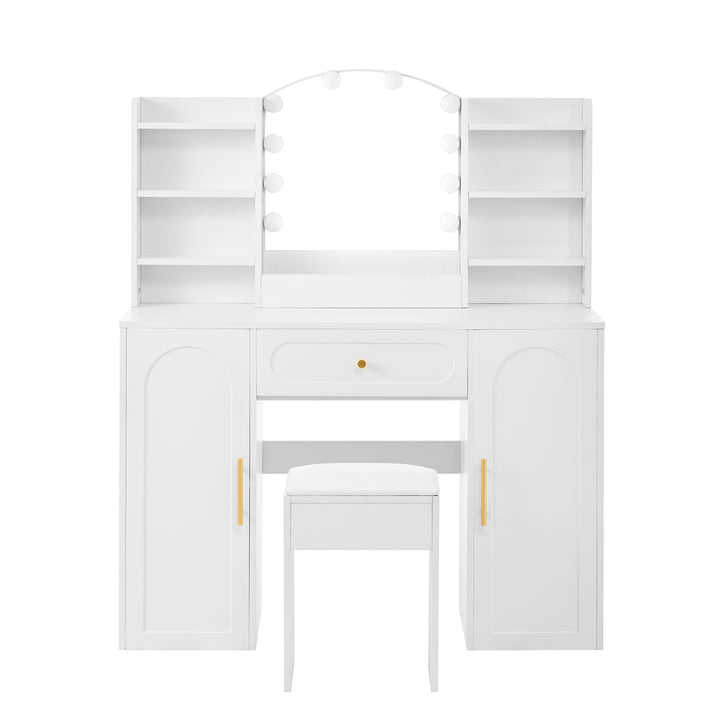 Modern white vanity makeup table with stool, LED mirror 110x40x132cm ELEGANT TABLE SET