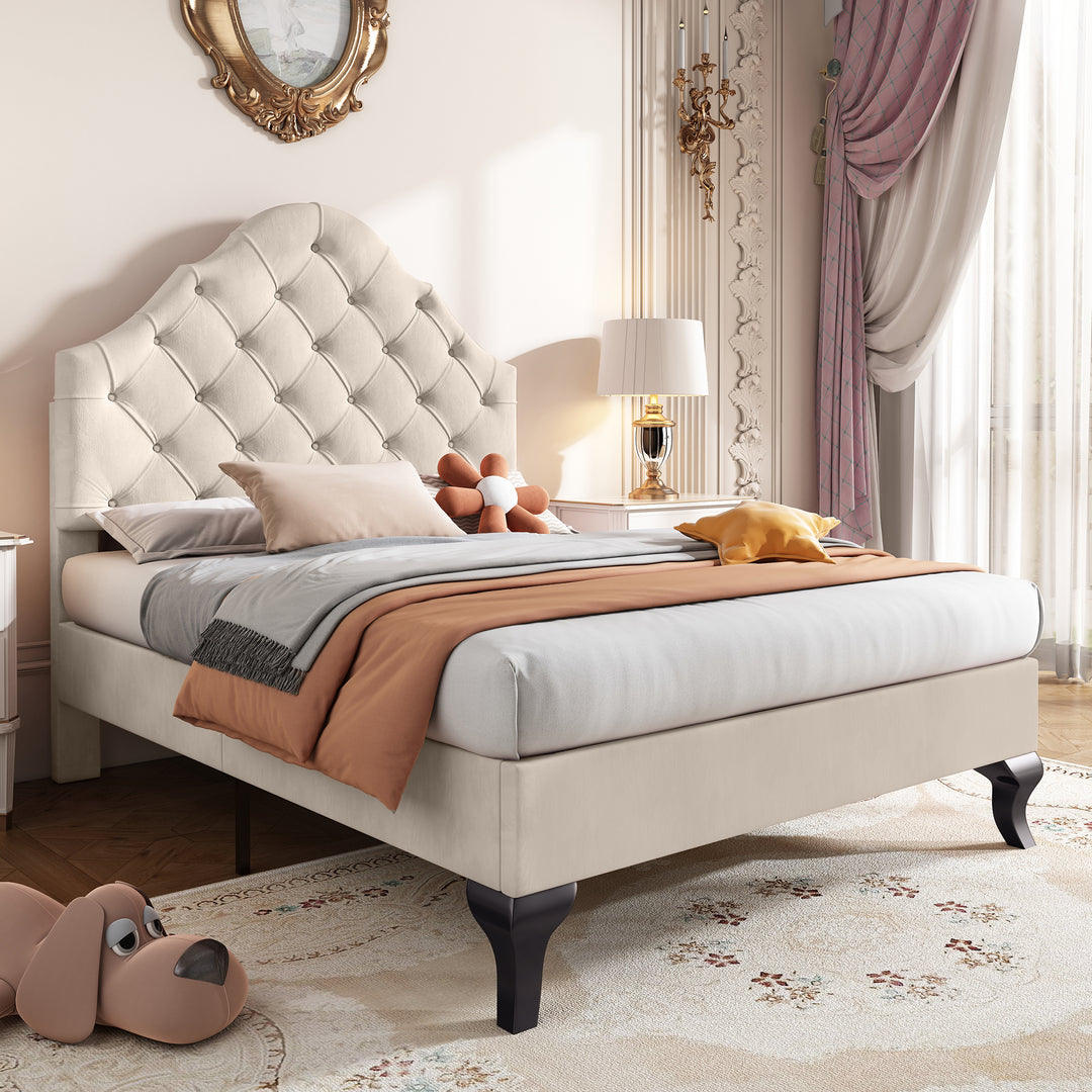 Upholstered velvet beige botton tufted single bed headboard height ajustable (90*190) BHOSQIN SINGLE UK