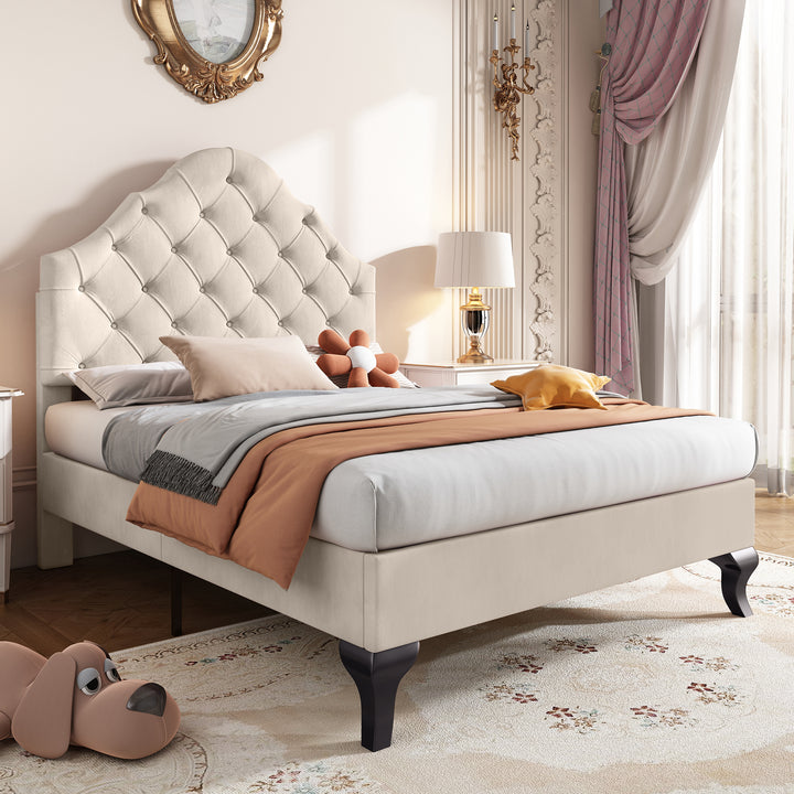 Upholstered velvet beige botton tufted single bed headboard height ajustable (90*190) BHOSQIN SINGLE UK