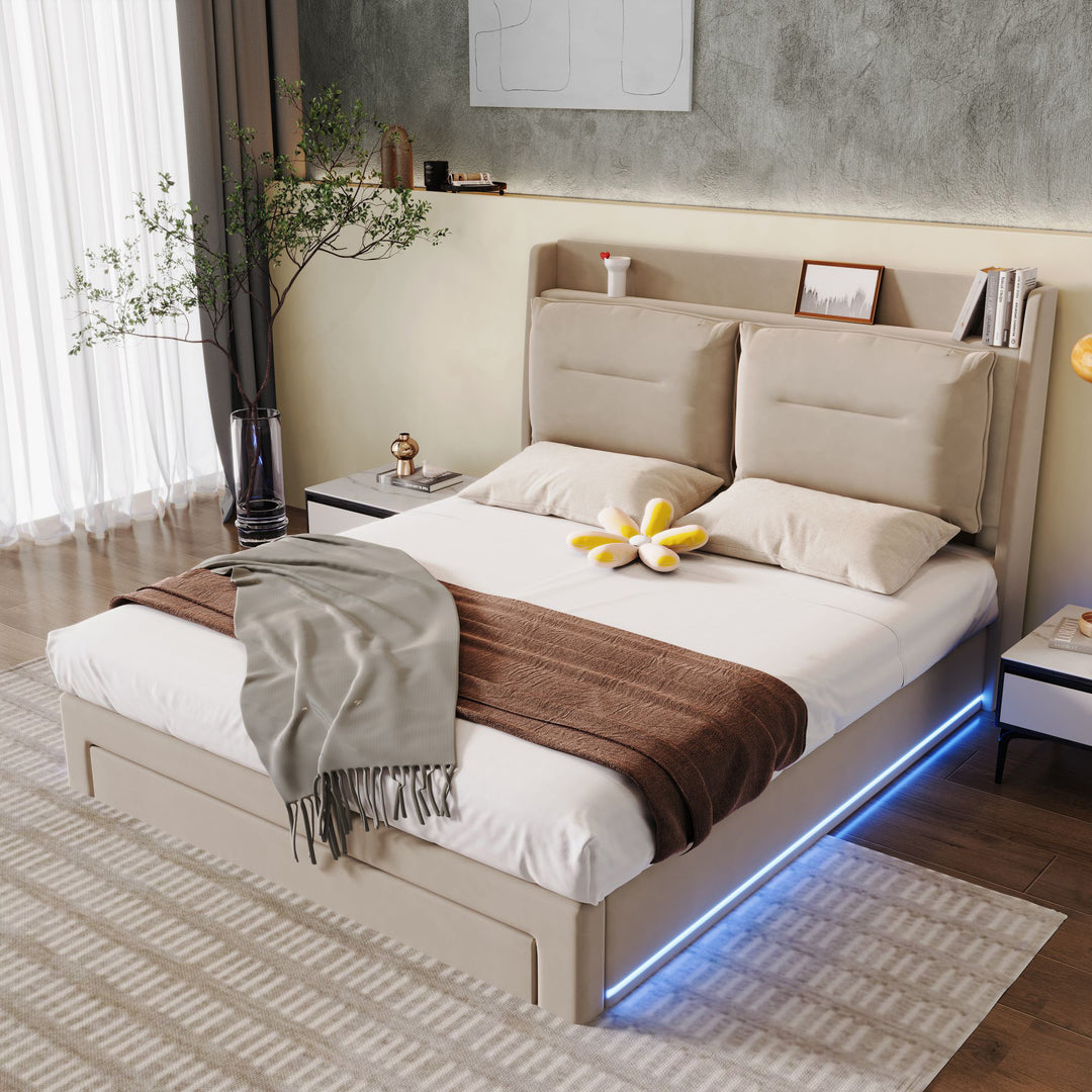 Beige velvet upholstered storage gas lift bed with drawer and LED light (135*190cm) BOVU BEIGE DOUBLE UK