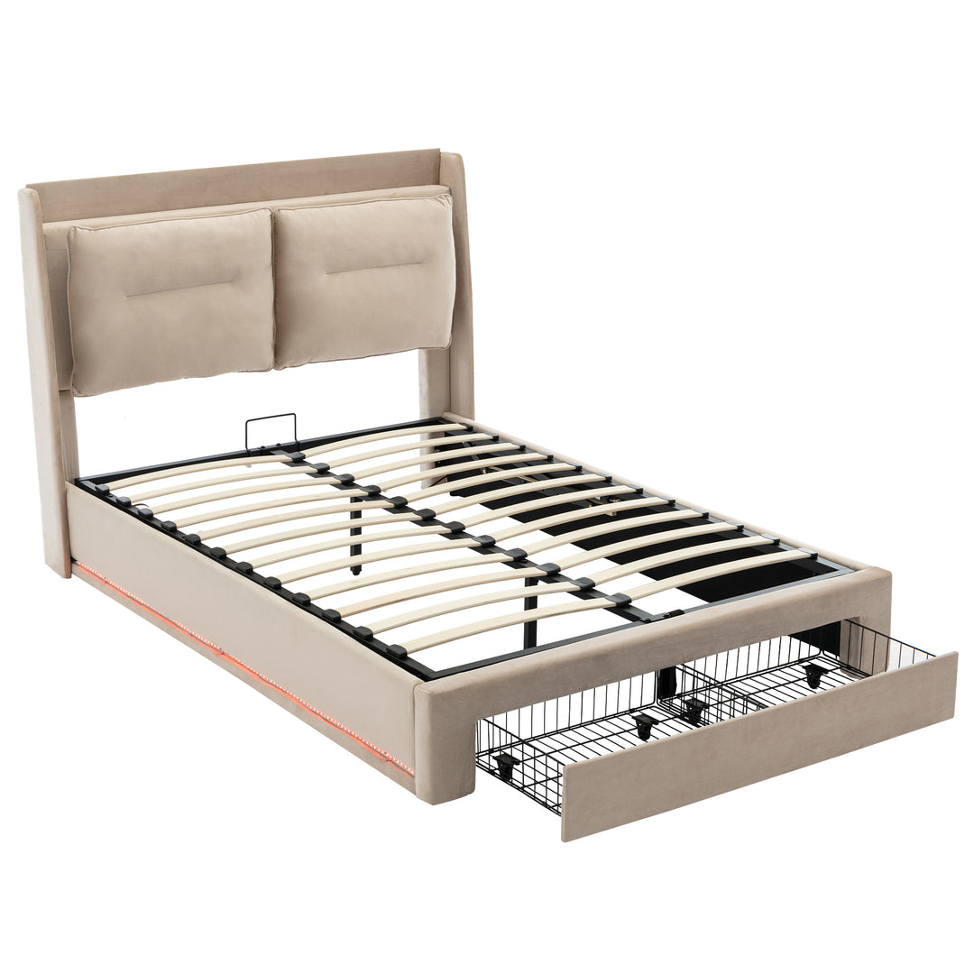 Beige velvet upholstered storage gas lift bed with drawer and LED light (135*190cm) BOVU BEIGE DOUBLE UK