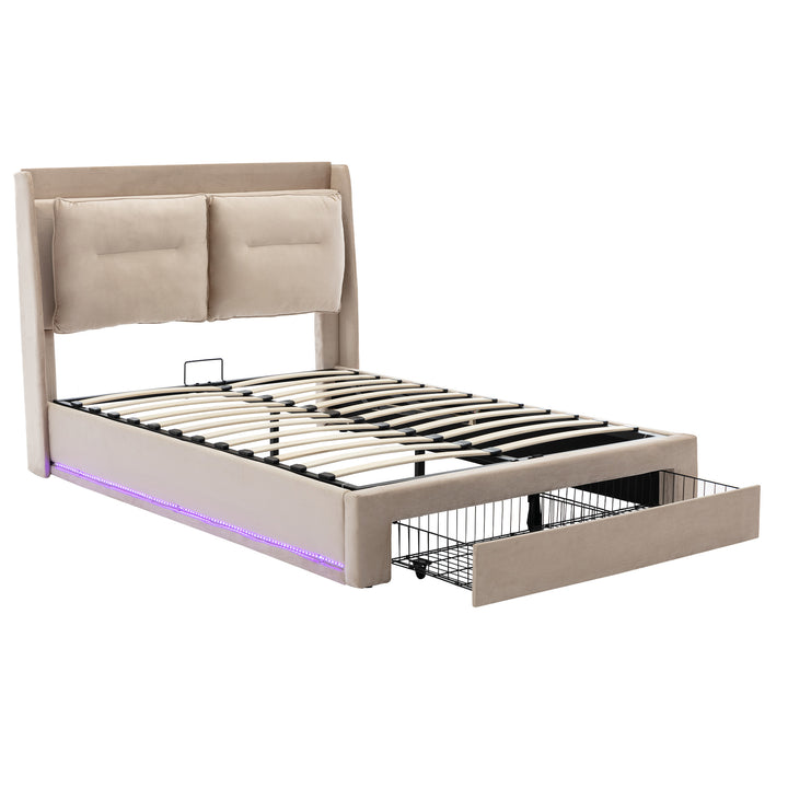 Beige velvet upholstered storage gas lift bed with drawer and LED light (135*190cm) BOVU BEIGE DOUBLE UK