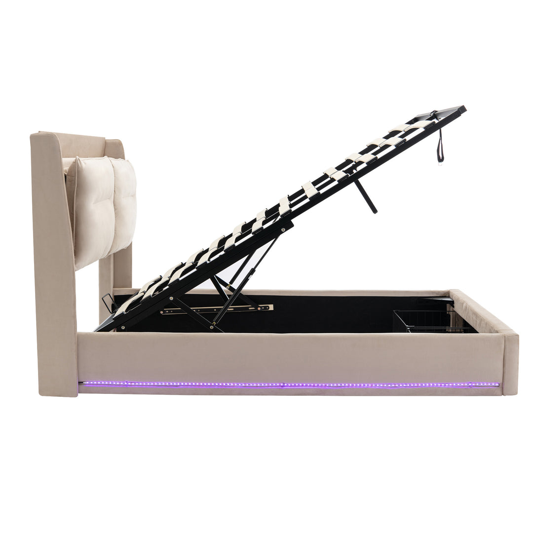 Beige velvet upholstered storage gas lift bed with drawer and LED light (135*190cm) BOVU BEIGE DOUBLE UK