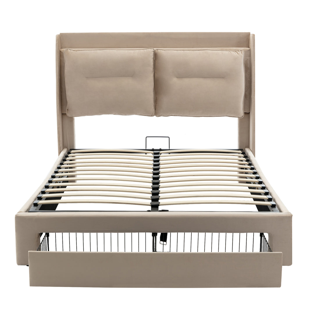 Beige velvet upholstered storage gas lift bed with drawer and LED light (135*190cm) BOVU BEIGE DOUBLE UK