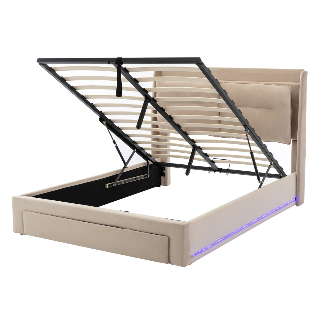Beige velvet upholstered storage gas lift bed with drawer and LED light (135*190cm) BOVU BEIGE DOUBLE UK