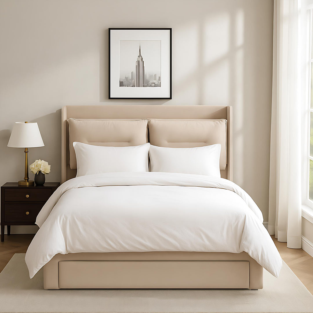 Beige velvet upholstered storage gas lift bed with drawer and LED light (135*190cm) BOVU BEIGE DOUBLE UK