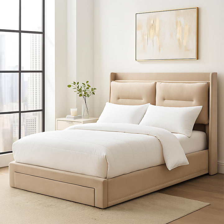 Beige velvet upholstered storage gas lift bed with drawer and LED light (135*190cm) BOVU BEIGE DOUBLE UK