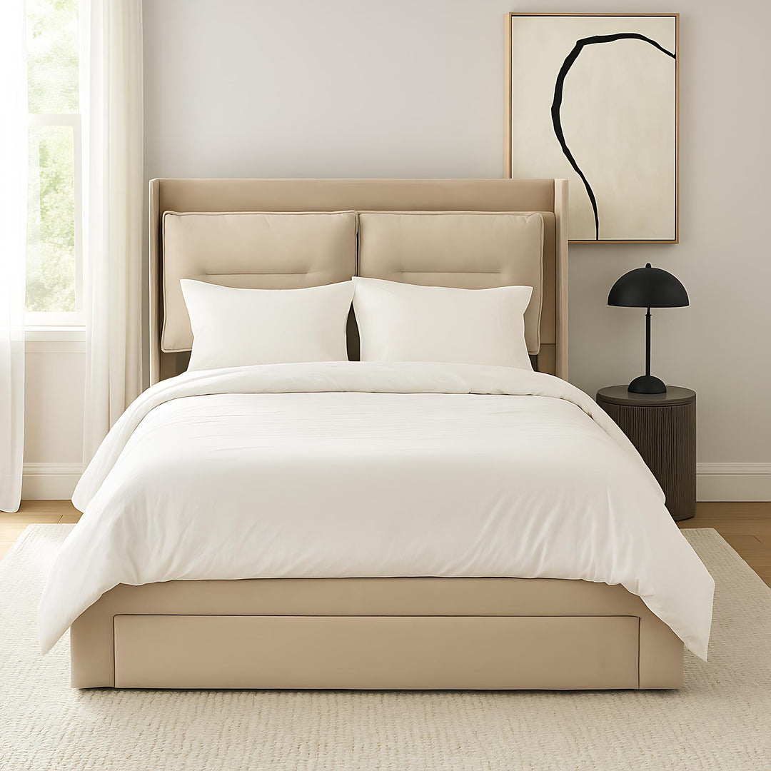 Beige velvet upholstered storage gas lift bed with drawer and LED light (135*190cm) BOVU BEIGE DOUBLE UK