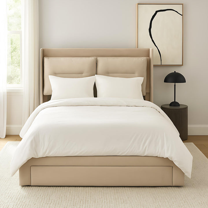 Beige velvet upholstered storage gas lift bed with drawer and LED light (135*190cm) BOVU BEIGE DOUBLE UK