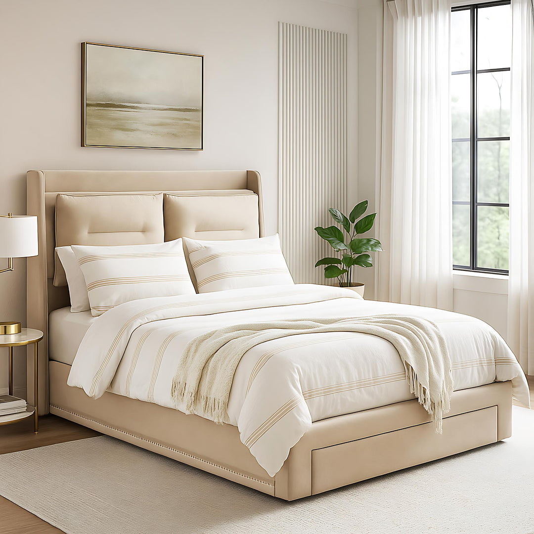 Beige velvet upholstered storage gas lift bed with drawer and LED light (135*190cm) BOVU BEIGE DOUBLE UK