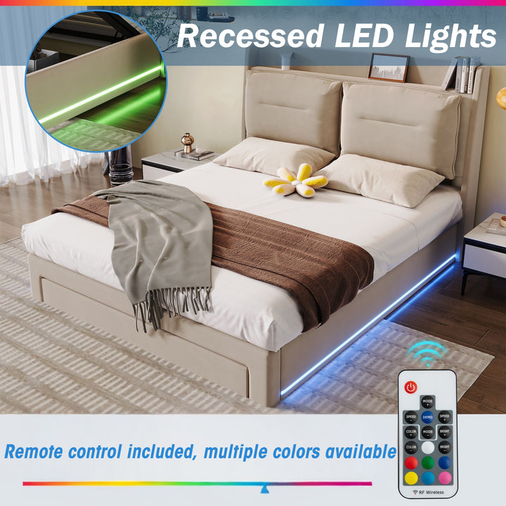 Beige velvet upholstered storage gas lift bed with drawer and LED light (135*190cm) BOVU BEIGE DOUBLE UK