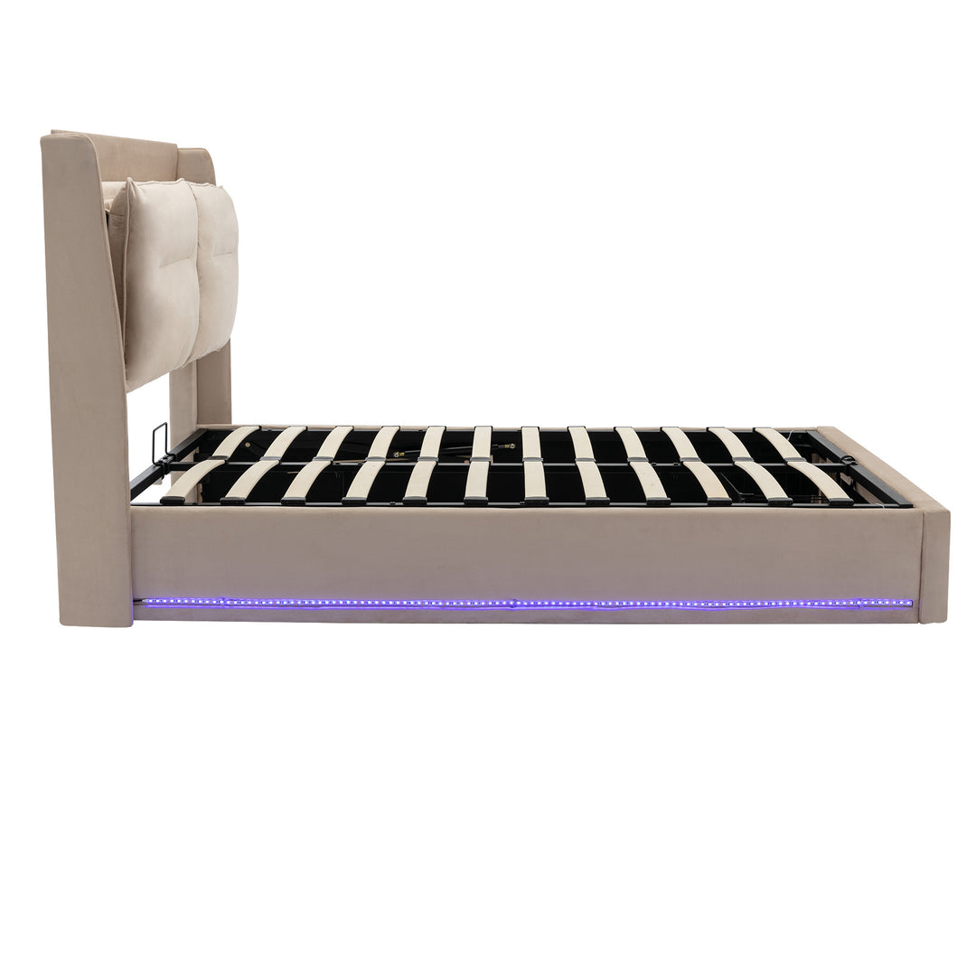 Beige velvet upholstered storage gas lift bed with drawer and LED light (135*190cm) BOVU BEIGE DOUBLE UK