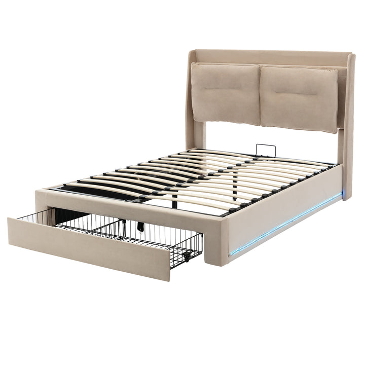 Beige velvet upholstered storage gas lift bed with drawer and LED light (150*200cm) BOVU BEIGE KING UK