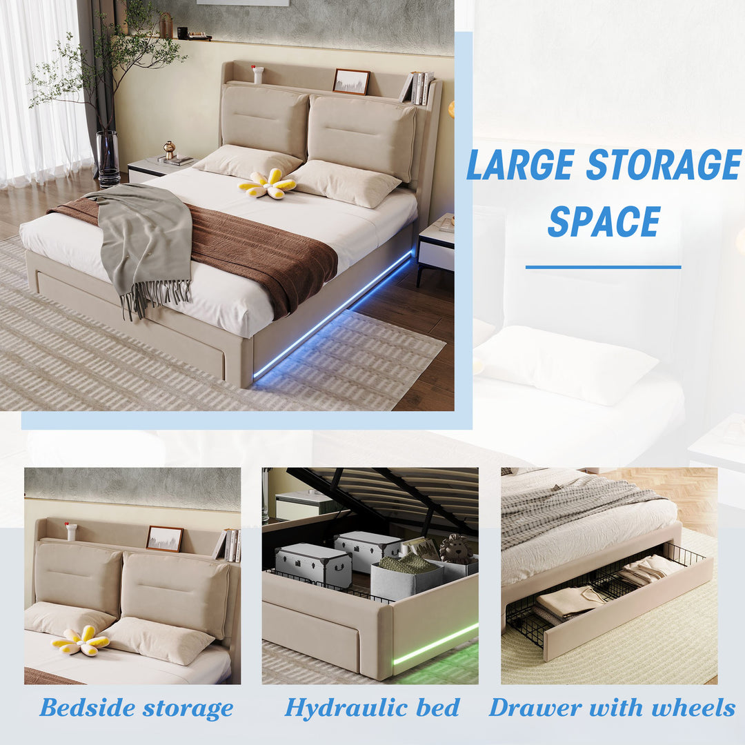 Beige velvet upholstered storage gas lift bed with drawer and LED light (150*200cm) BOVU BEIGE KING UK