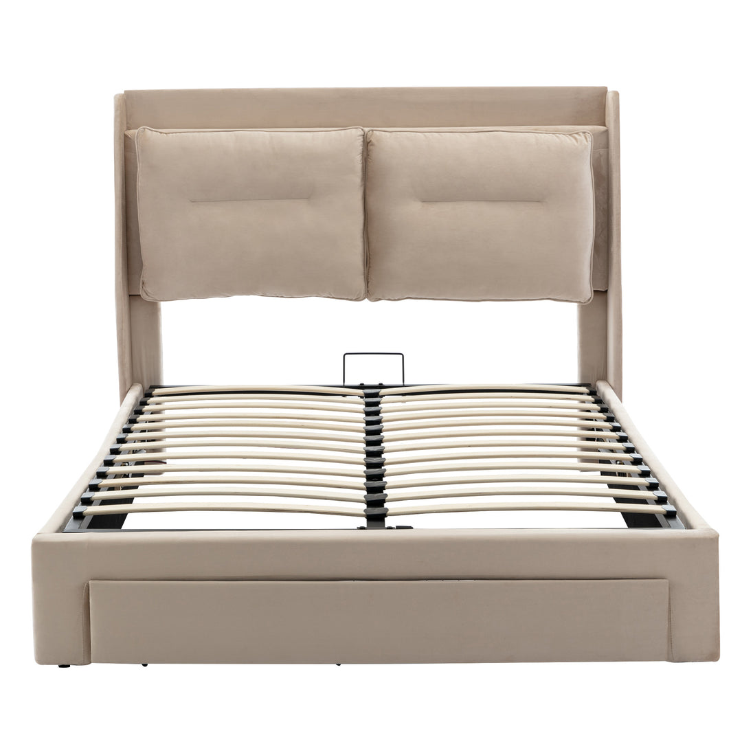 Beige velvet upholstered storage gas lift bed with drawer and LED light (150*200cm) BOVU BEIGE KING UK