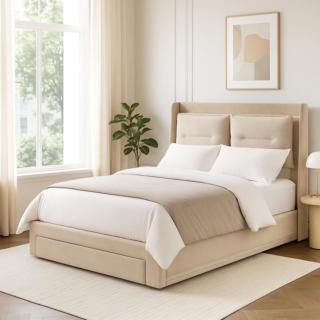 Beige velvet upholstered storage gas lift bed with drawer and LED light (150*200cm) BOVU BEIGE KING UK