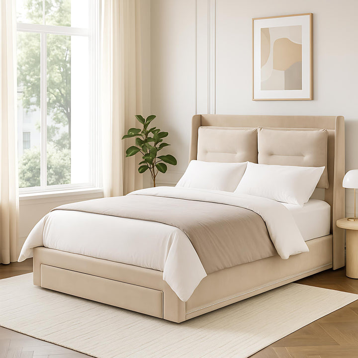 Beige velvet upholstered storage gas lift bed with drawer and LED light (150*200cm) BOVU BEIGE KING UK