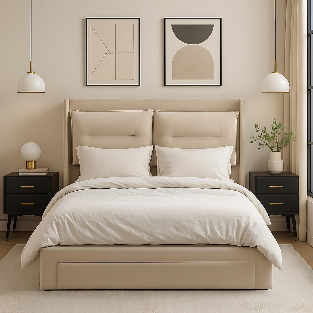 Beige velvet upholstered storage gas lift bed with drawer and LED light (150*200cm) BOVU BEIGE KING UK