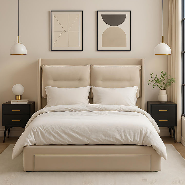 Beige velvet upholstered storage gas lift bed with drawer and LED light (150*200cm) BOVU BEIGE KING UK