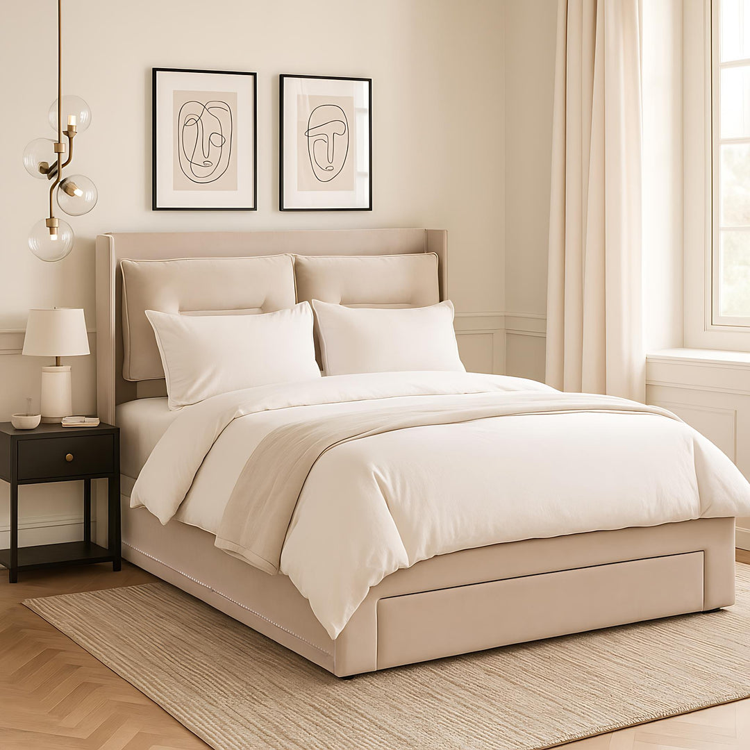 Beige velvet upholstered storage gas lift bed with drawer and LED light (150*200cm) BOVU BEIGE KING UK