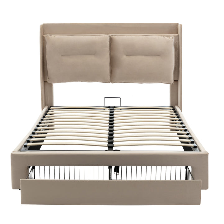 Beige velvet upholstered storage gas lift bed with drawer and LED light (150*200cm) BOVU BEIGE KING UK