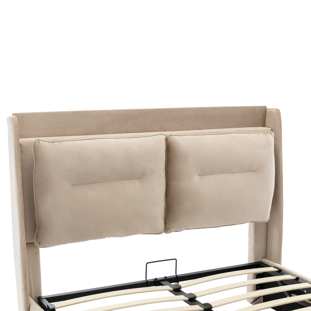 Beige velvet upholstered storage gas lift bed with drawer and LED light (150*200cm) BOVU BEIGE KING UK