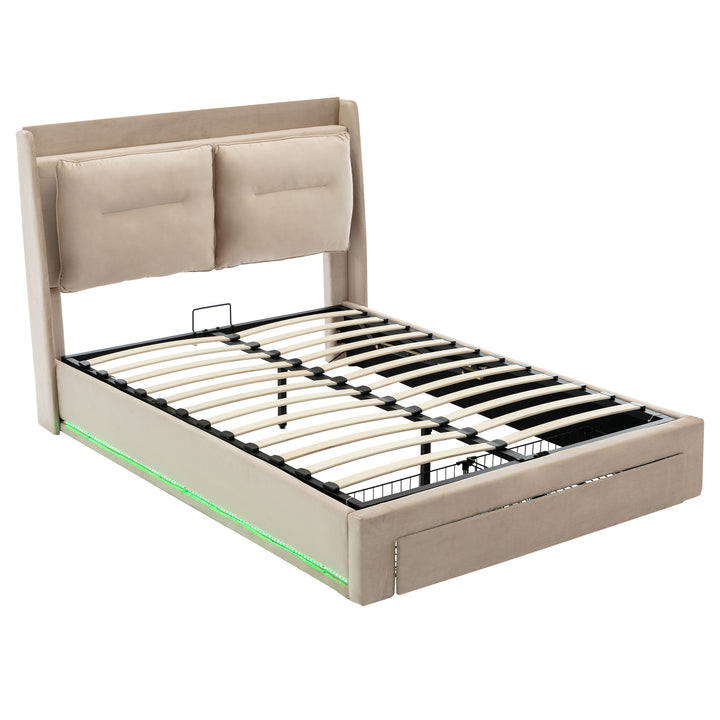 Beige velvet upholstered storage gas lift bed with drawer and LED light (150*200cm) BOVU BEIGE KING UK
