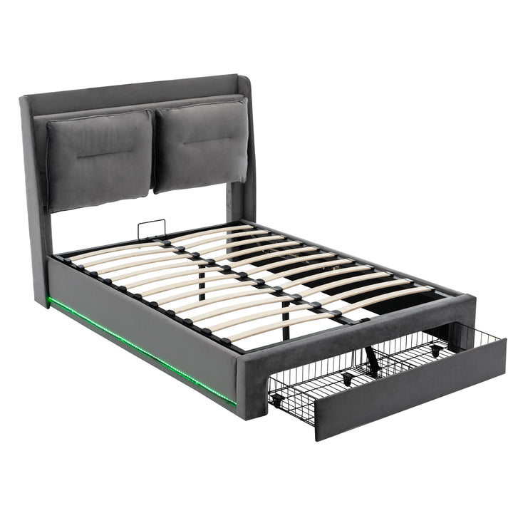 Grey velvet upholstered storage gas lift bed with drawer and LED light (135*190cm) BOVU GREY DOUBLE UK
