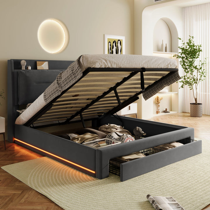 Grey velvet upholstered storage gas lift bed with drawer and LED light (135*190cm) BOVU GREY DOUBLE UK