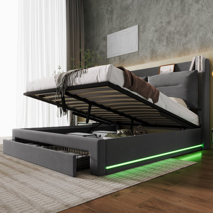 Grey velvet upholstered storage gas lift bed with drawer and LED light (135*190cm) BOVU GREY DOUBLE UK