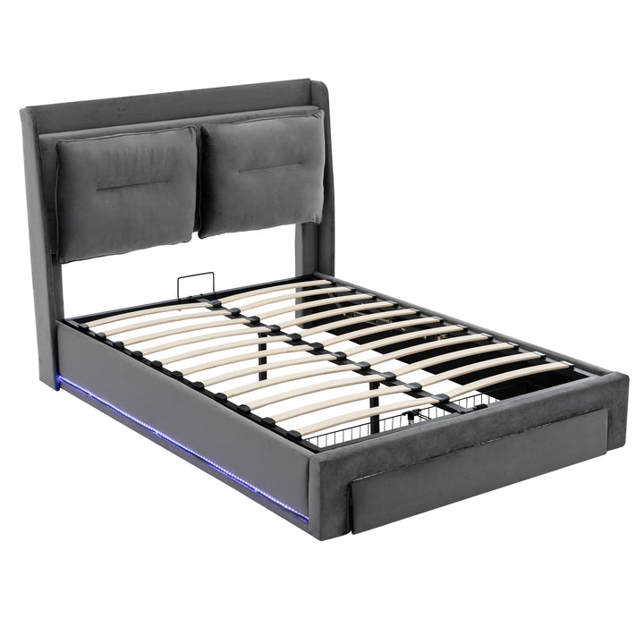 Grey velvet upholstered storage gas lift bed with drawer and LED light (135*190cm) BOVU GREY DOUBLE UK