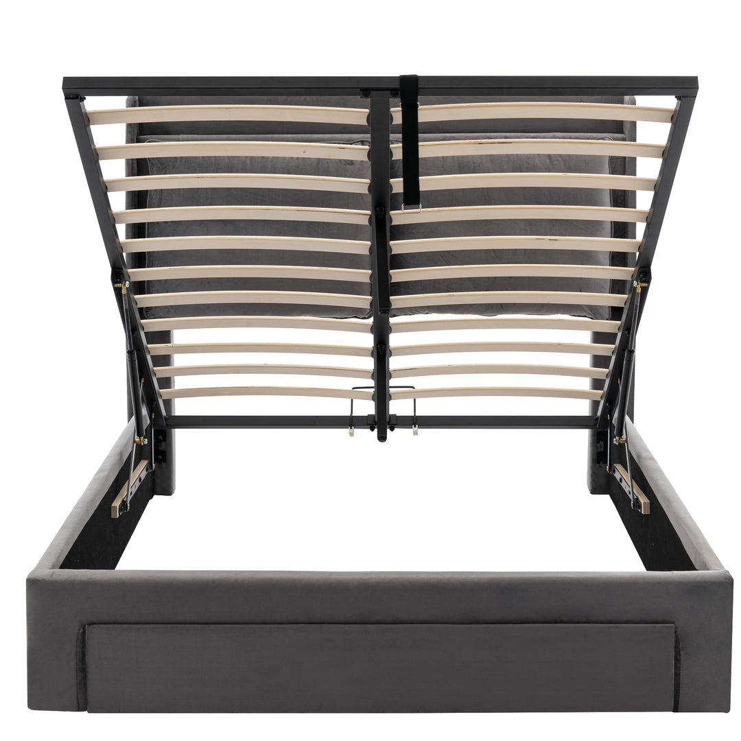 Grey velvet upholstered storage gas lift bed with drawer and LED light (135*190cm) BOVU GREY DOUBLE UK