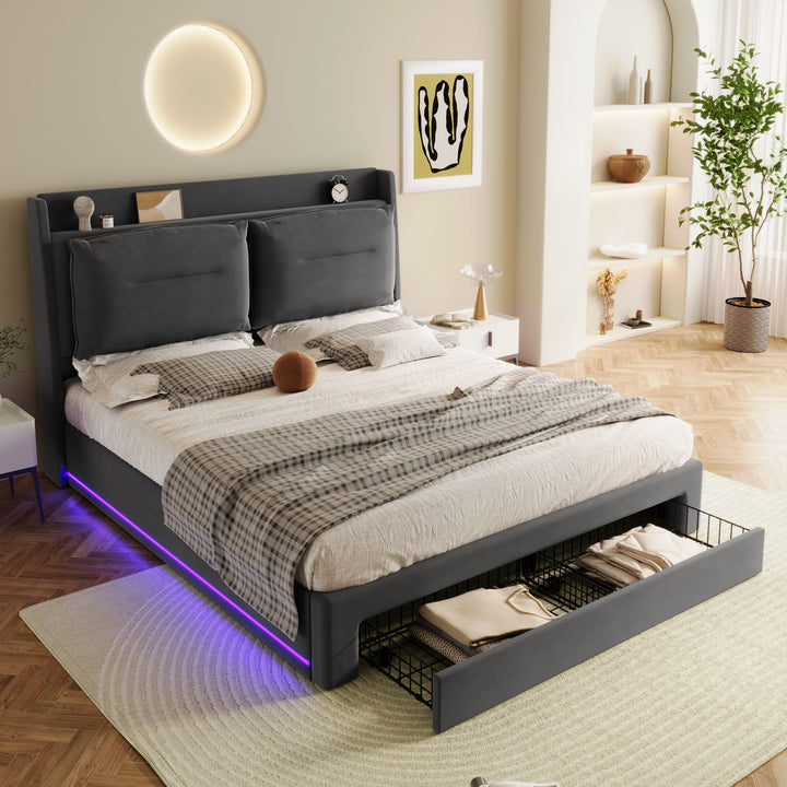 Grey velvet upholstered storage gas lift bed with drawer and LED light (135*190cm) BOVU GREY DOUBLE UK