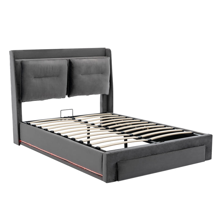 Grey velvet upholstered storage gas lift bed with drawer and LED light (135*190cm) BOVU GREY DOUBLE UK