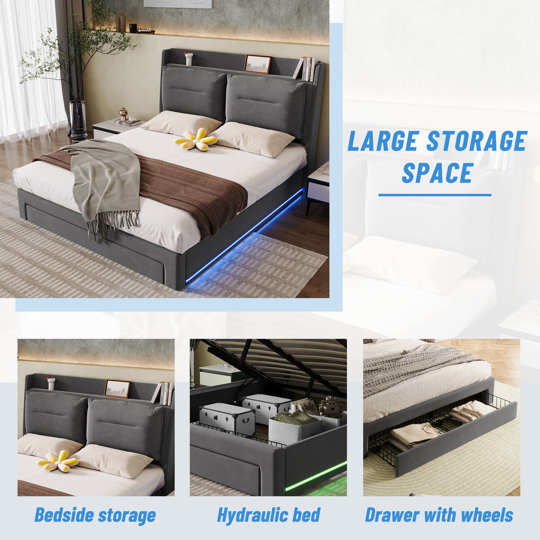 Grey velvet upholstered storage gas lift bed with drawer and LED light (135*190cm) BOVU GREY DOUBLE UK