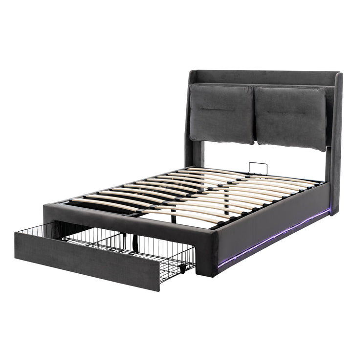 Grey velvet upholstered storage gas lift bed with drawer and LED light (135*190cm) BOVU GREY DOUBLE UK