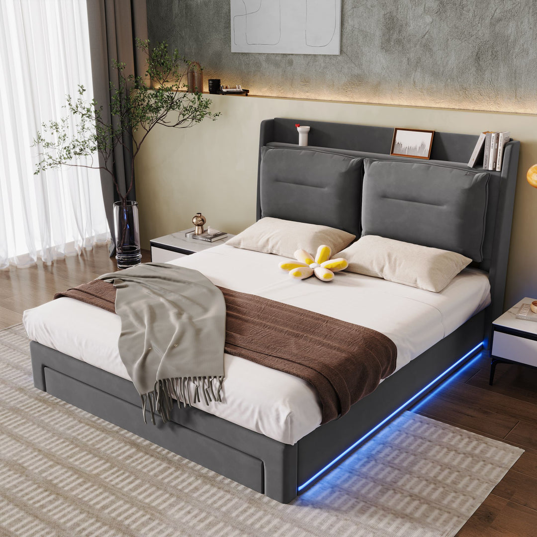 Grey velvet upholstered storage gas lift bed with drawer and LED light (135*190cm) BOVU GREY DOUBLE UK