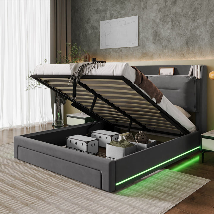 Grey velvet upholstered storage gas lift bed with drawer and LED light (135*190cm) BOVU GREY DOUBLE UK