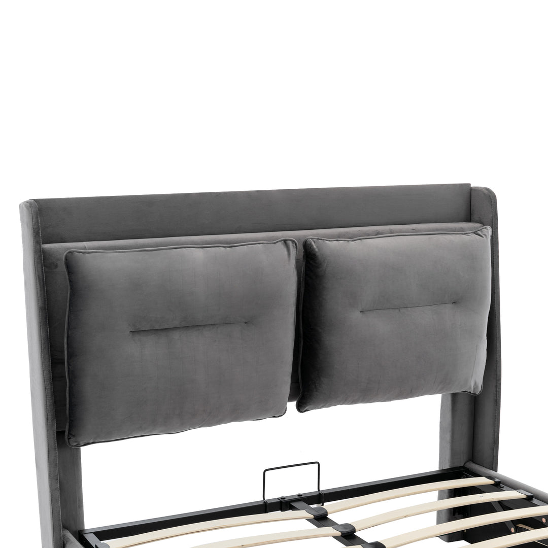 Grey velvet upholstered storage gas lift bed with drawer and LED light (135*190cm) BOVU GREY DOUBLE UK