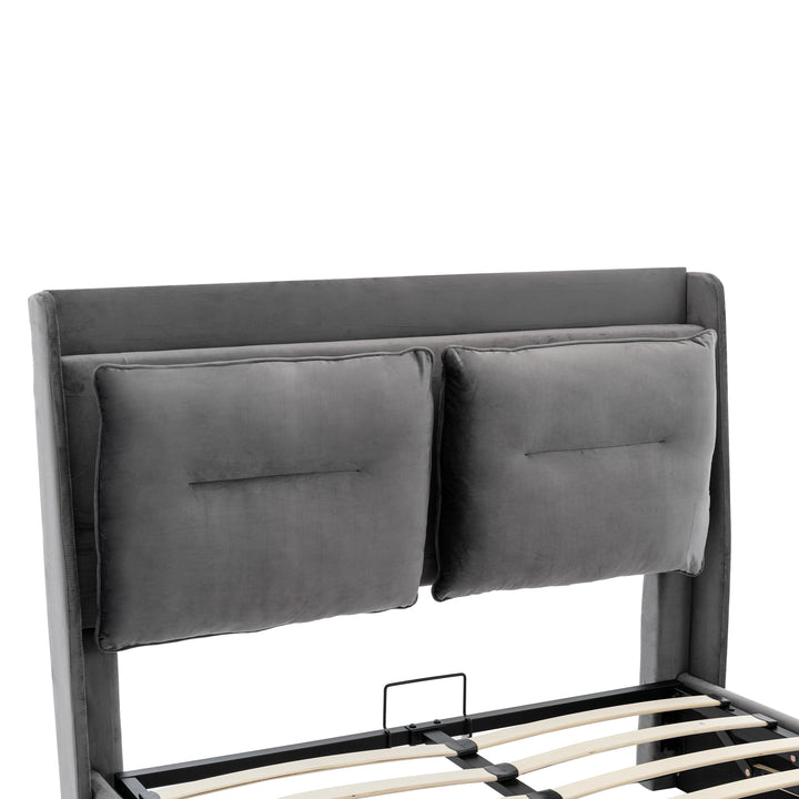 Grey velvet upholstered storage gas lift bed with drawer and LED light (135*190cm) BOVU GREY DOUBLE UK