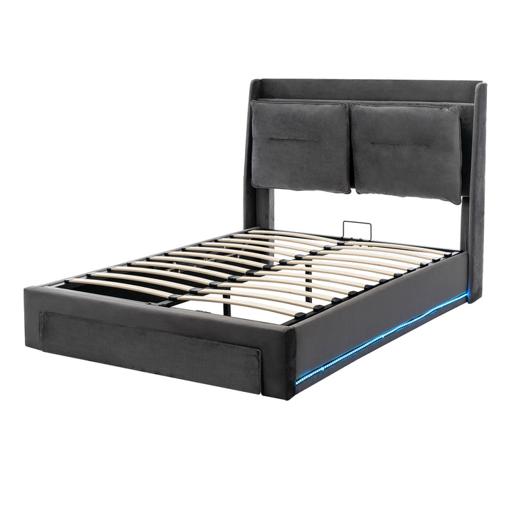 Grey velvet upholstered storage gas lift bed with drawer and LED light (150*200cm) BOVU GREY KING UK
