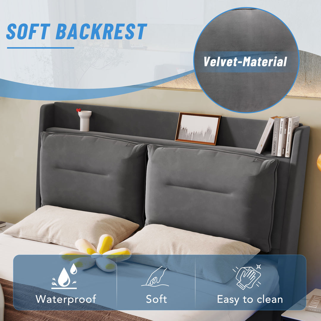 Grey velvet upholstered storage gas lift bed with drawer and LED light (150*200cm) BOVU GREY KING UK