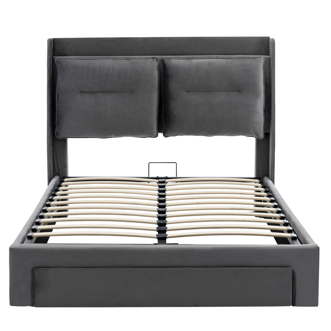 Grey velvet upholstered storage gas lift bed with drawer and LED light (150*200cm) BOVU GREY KING UK