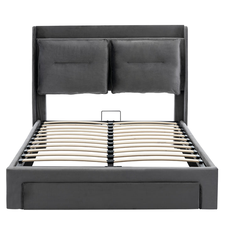 Grey velvet upholstered storage gas lift bed with drawer and LED light (150*200cm) BOVU GREY KING UK