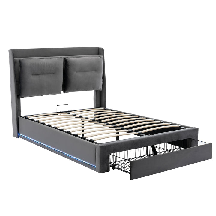 Grey velvet upholstered storage gas lift bed with drawer and LED light (150*200cm) BOVU GREY KING UK