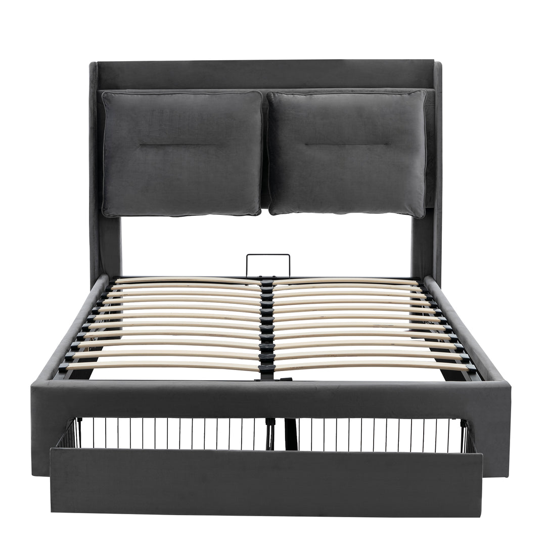 Grey velvet upholstered storage gas lift bed with drawer and LED light (150*200cm) BOVU GREY KING UK